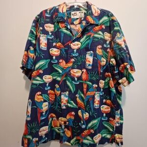 Vintage Hawaiian Shirt Mens Lg Koko Island USA Made Parrot Floral Drinks Blue